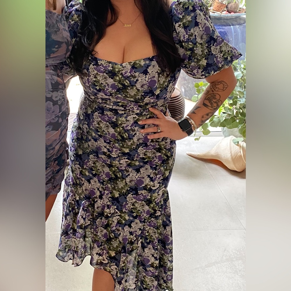 Astr the Label blue floral, puff sleeve, asymmetrical dress.